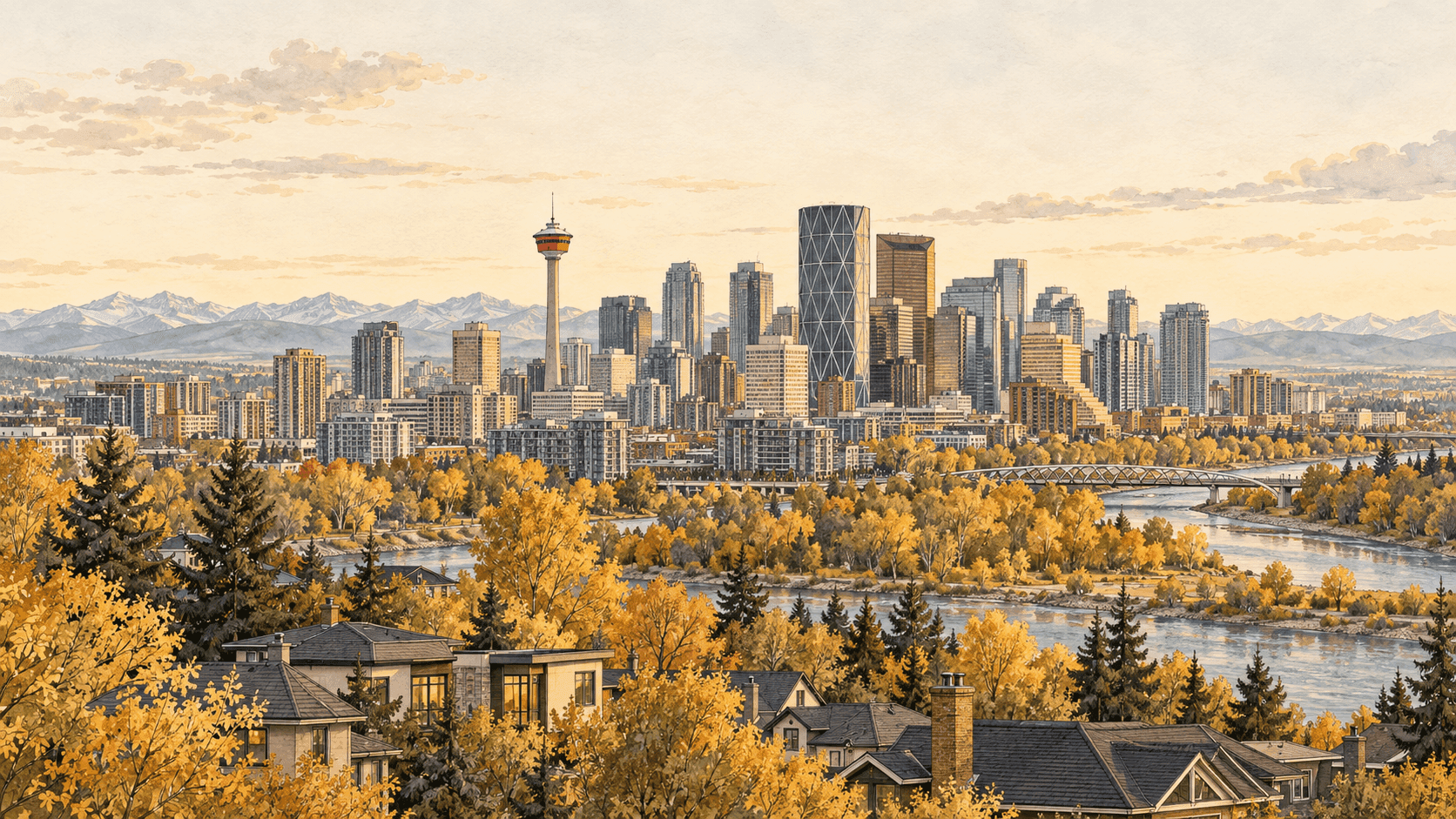 Watercolour illustration of Calgary’s skyline and the Bow River framed by golden autumn trees.