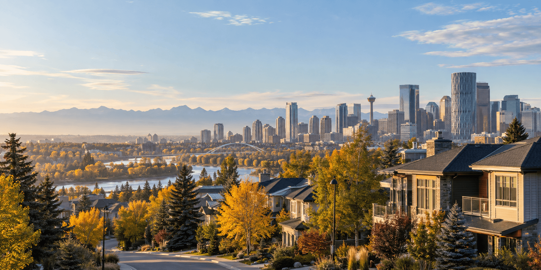 Illustration of Calgary homes and skyline in autumn